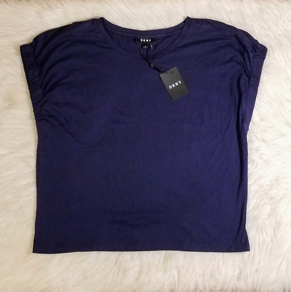 DKNY Cinched Sleeve Elastic Cuff Blouse Top in Navy Blue - Picture 3 of 13